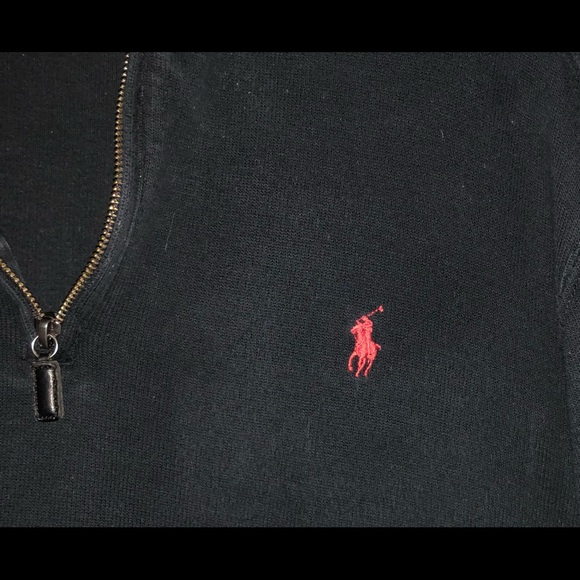 Polo by Ralph Lauren- Mens 1/4 Zip Pullover Sweater, Black w/Red Logo - Picture 4 of 4